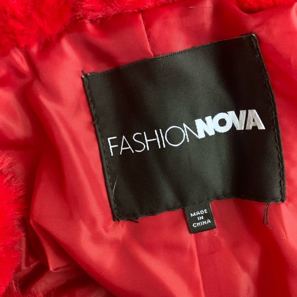 Fashion Nova Red Long Faux Fur Trim Coat - Picture 9 of 10